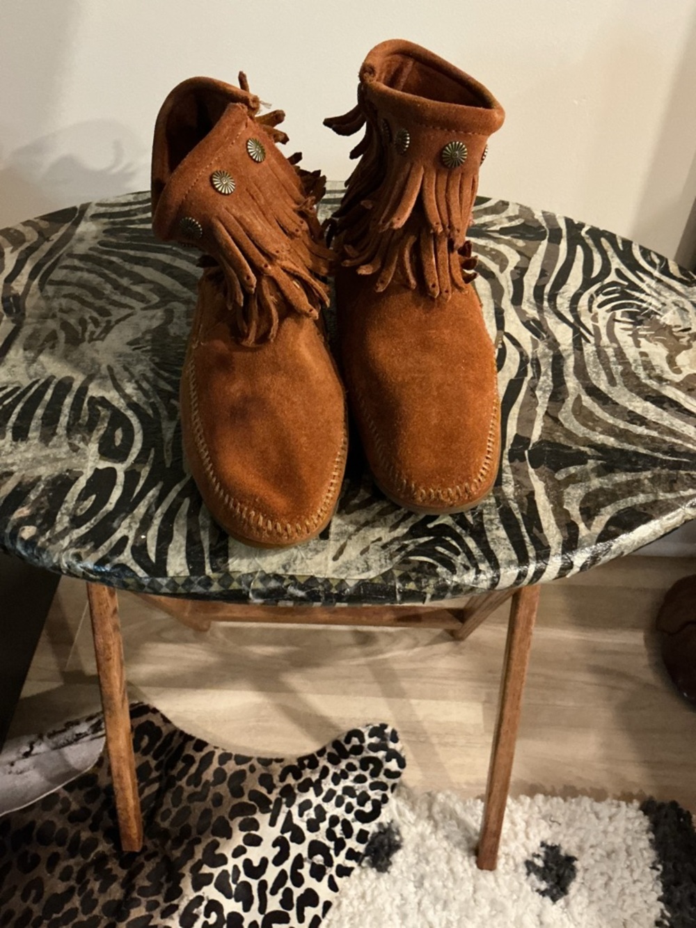 Minnetonka Suede Fringe Ankle Boots - Rust
